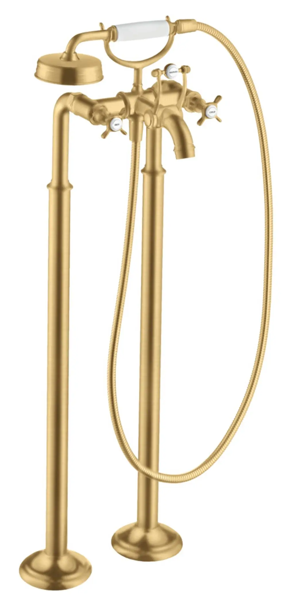 Bodenstehende Armatur mit zwei Griffen und Handbrause in gebürstetem Gold, entworfen von AXOR. Ideal für Wanneninstallationen.